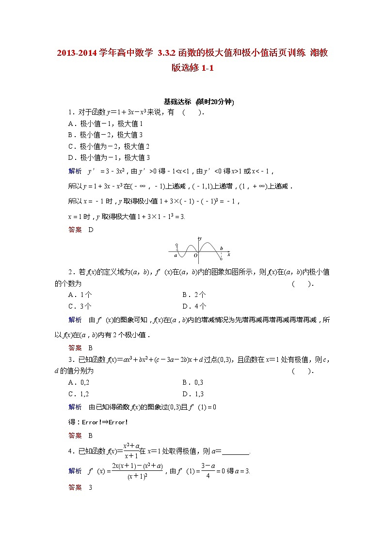 2013-2014学年高二数学 3.3.2《函数的极大值和极小值》活页训练 湘教版选修1-101