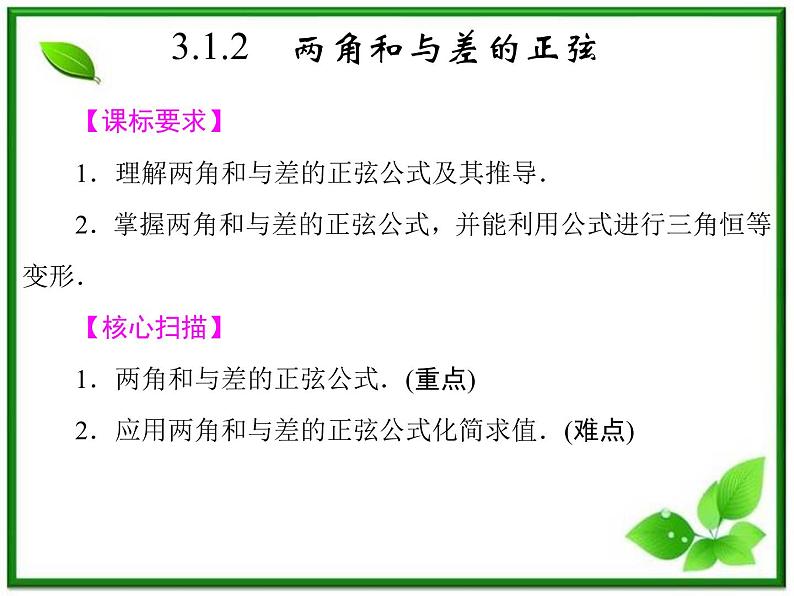 2013高中新课程数学（苏教版必修四）3.1.2 两角和与差的正弦 课件01