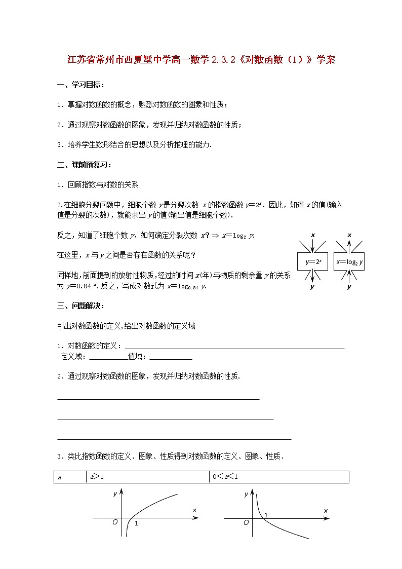 江苏省常州市西夏墅中学高一数学 2.3.2《对数函数》学案（1）（苏教版必修1）教案第1页