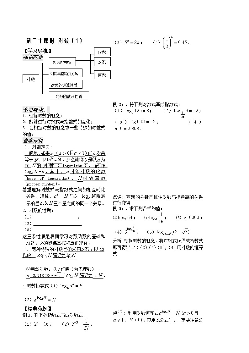 2012苏教版高中数学：第20课时——对数（1）教案01