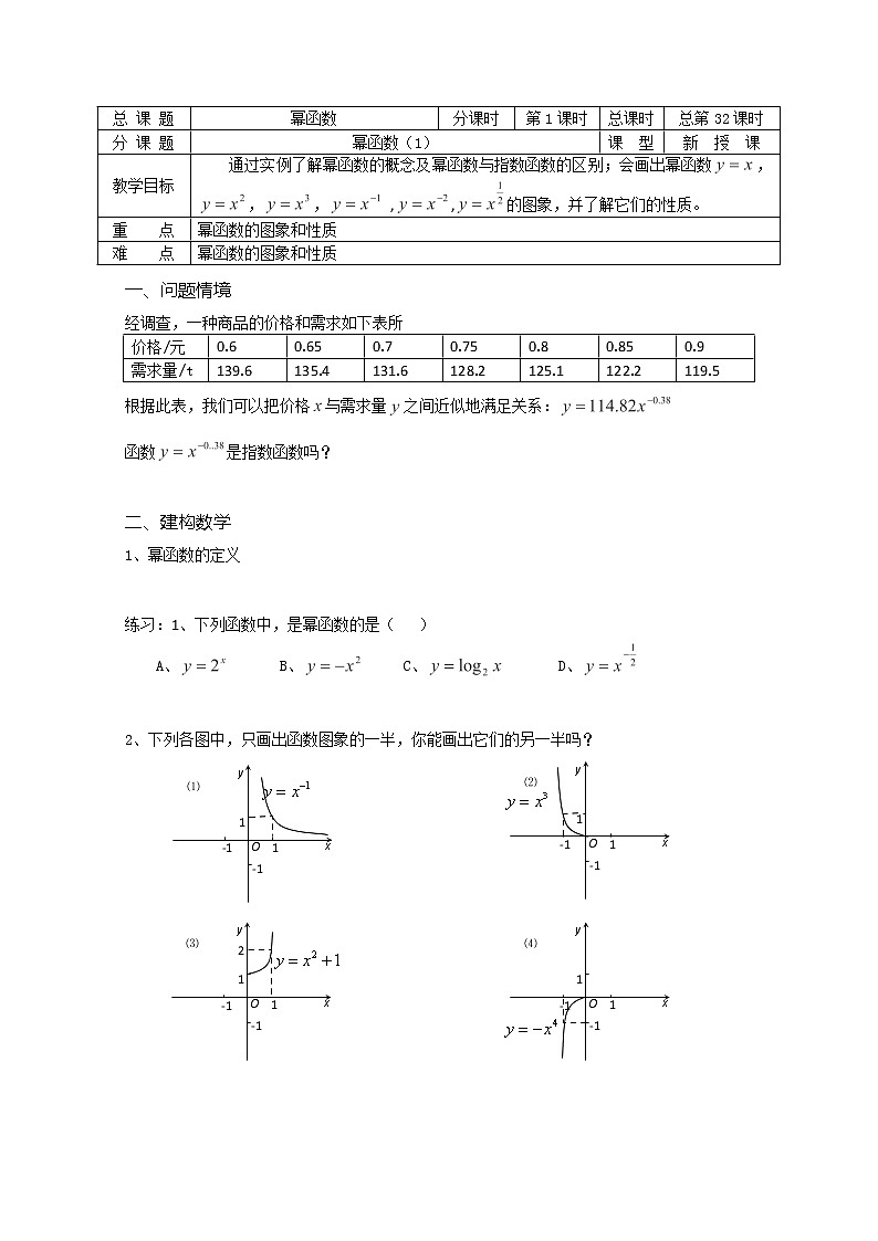 溧水县第二高级中学数学教学案必修1：第32课时《幂函数》1（苏教版）教案第1页