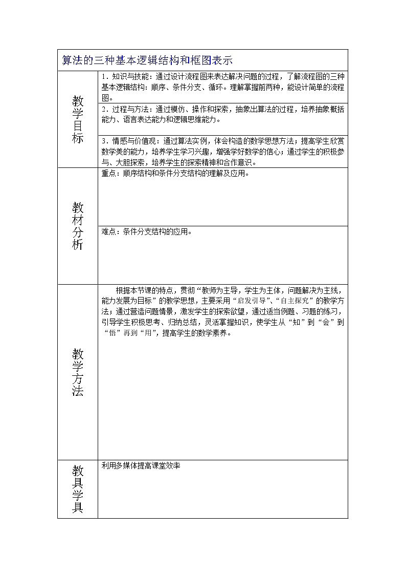 《算法的三种基本逻辑结构和框图表示》教案1（人教B版必修3）第1页