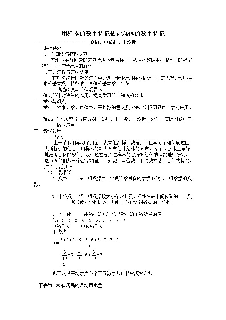 《用样本的数字特征估计总体的数字特征》教案3（人教B版必修3）第1页