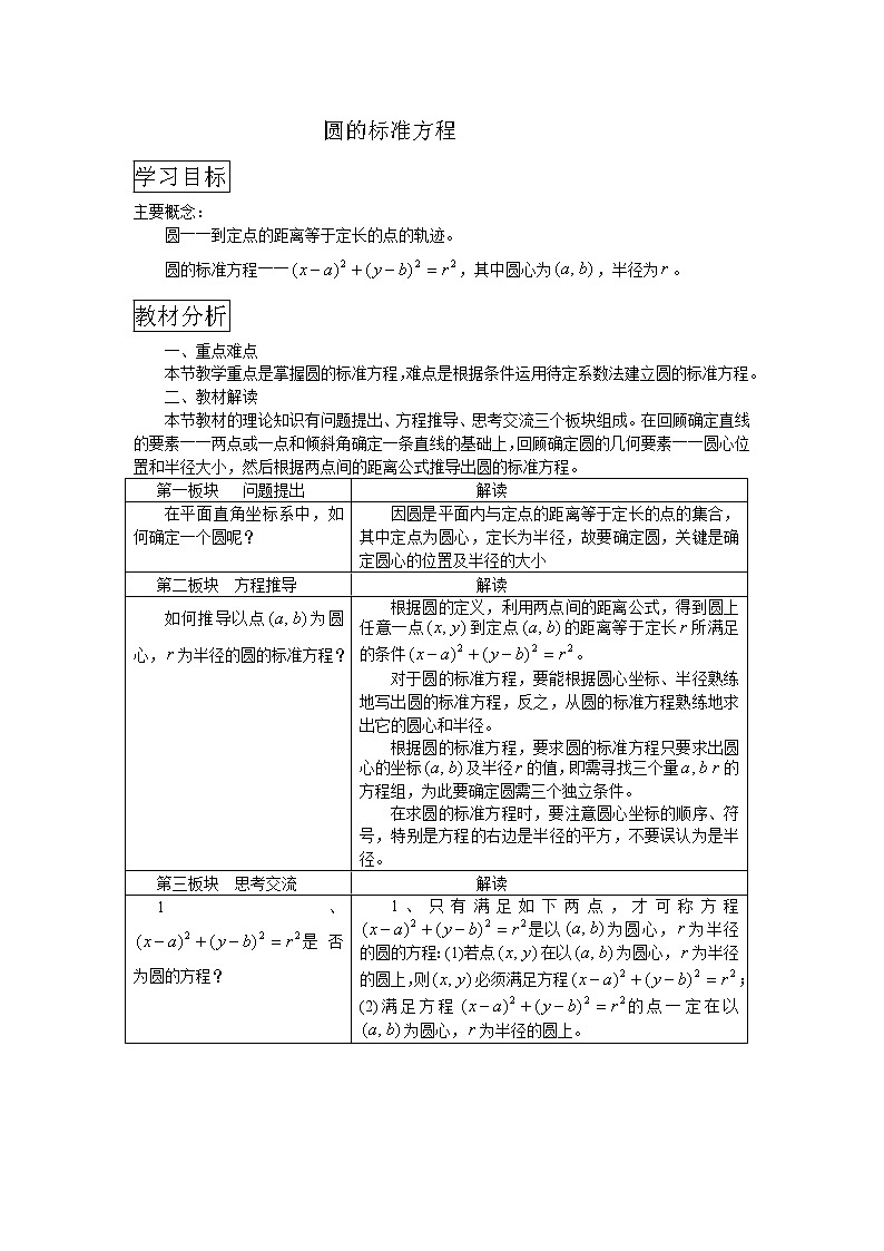 《圆的标准方程》学案2（人教B版必修2）教案01
