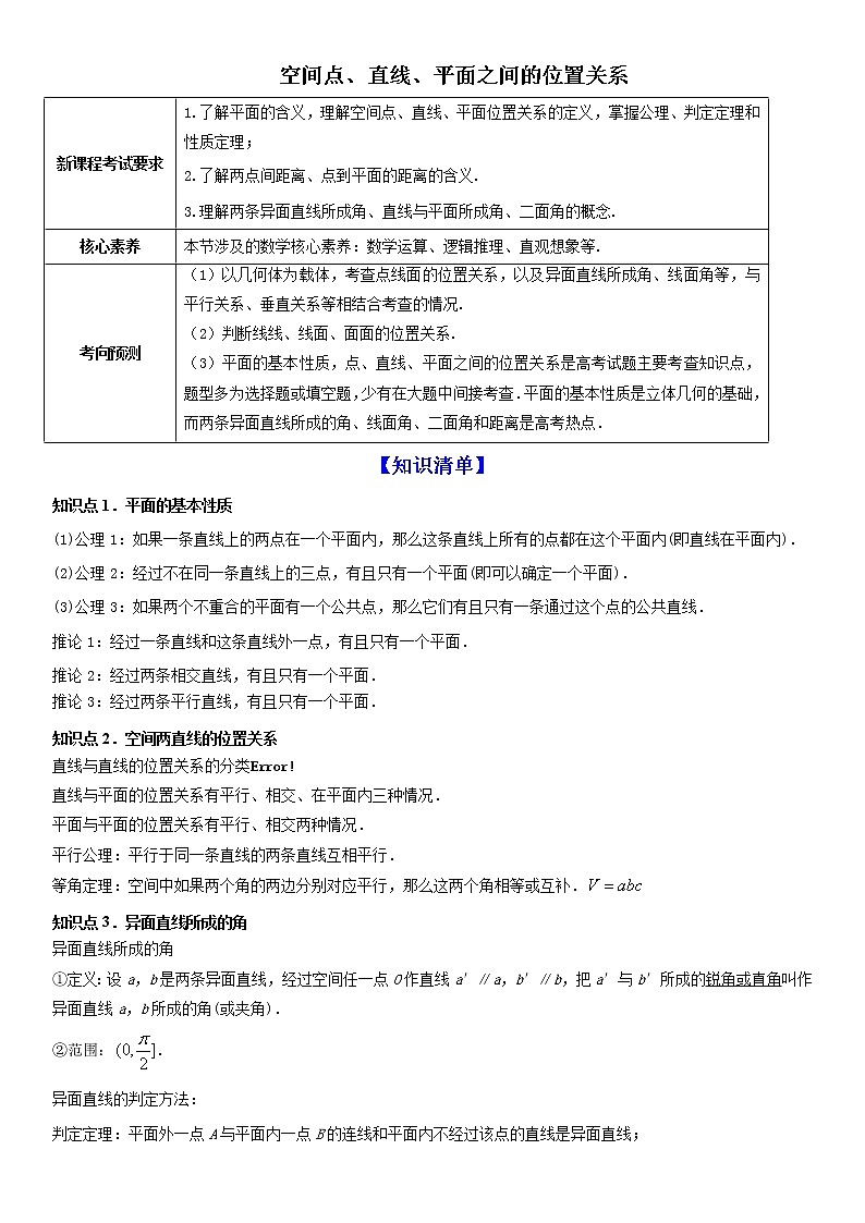 高端精品高中数学一轮专题-空间点、直线、平面之间的位置关系（讲）（带答案）教案01