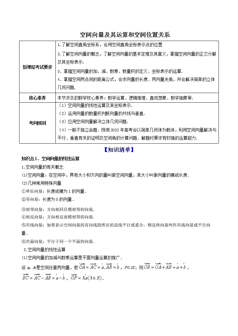 高端精品高中数学一轮专题-空间向量及其运算和空间位置关系（讲）教案01