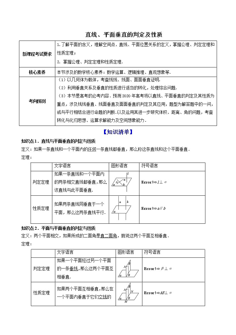 高端精品高中数学一轮专题-直线、平面垂直的判定及性质  （讲）教案第1页