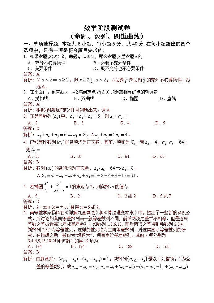 高端精品高中数学一轮专题-数学阶段测试卷（命题、数列、圆锥曲线）1（带答案）试卷第1页