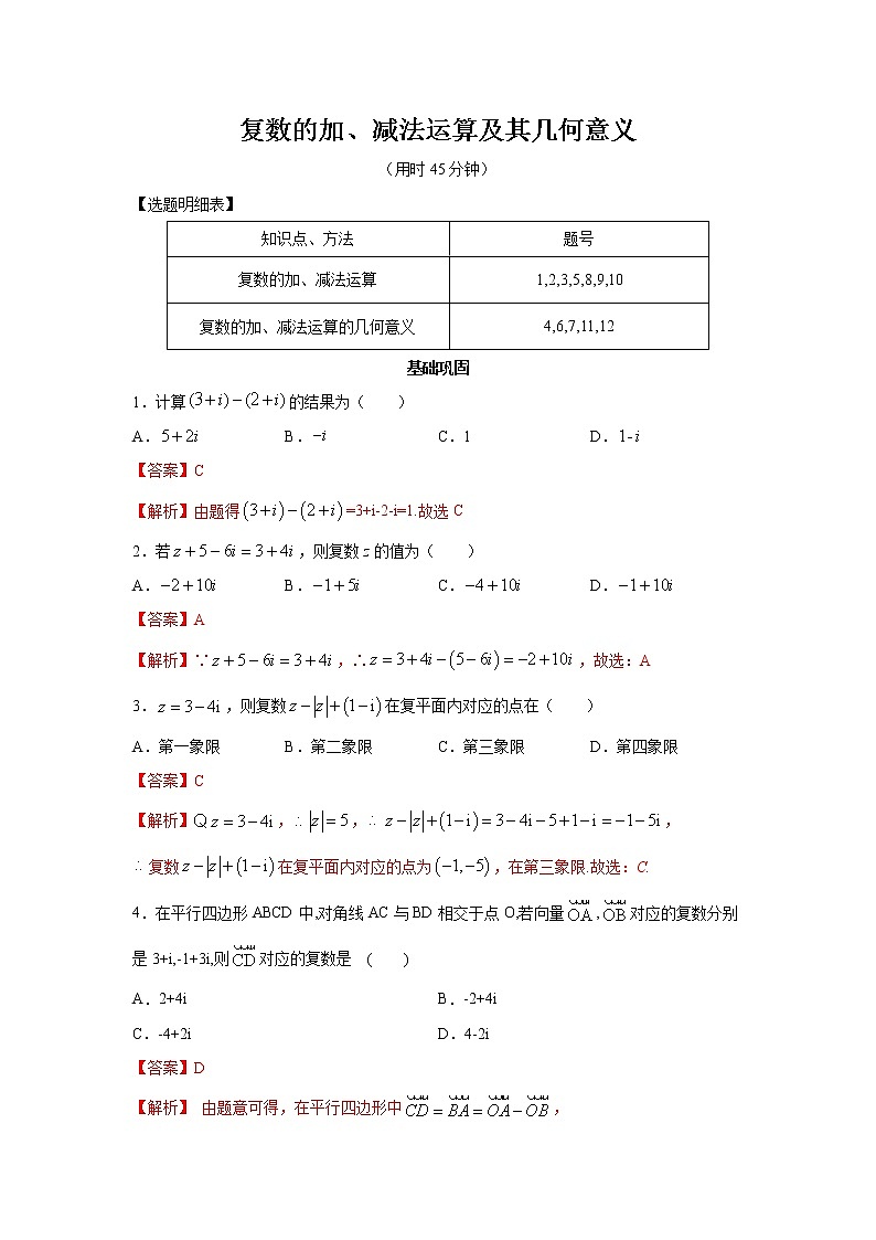 高端精品高中数学一轮专题-复数的加、减运算及其几何意义2（带答案）试卷第1页