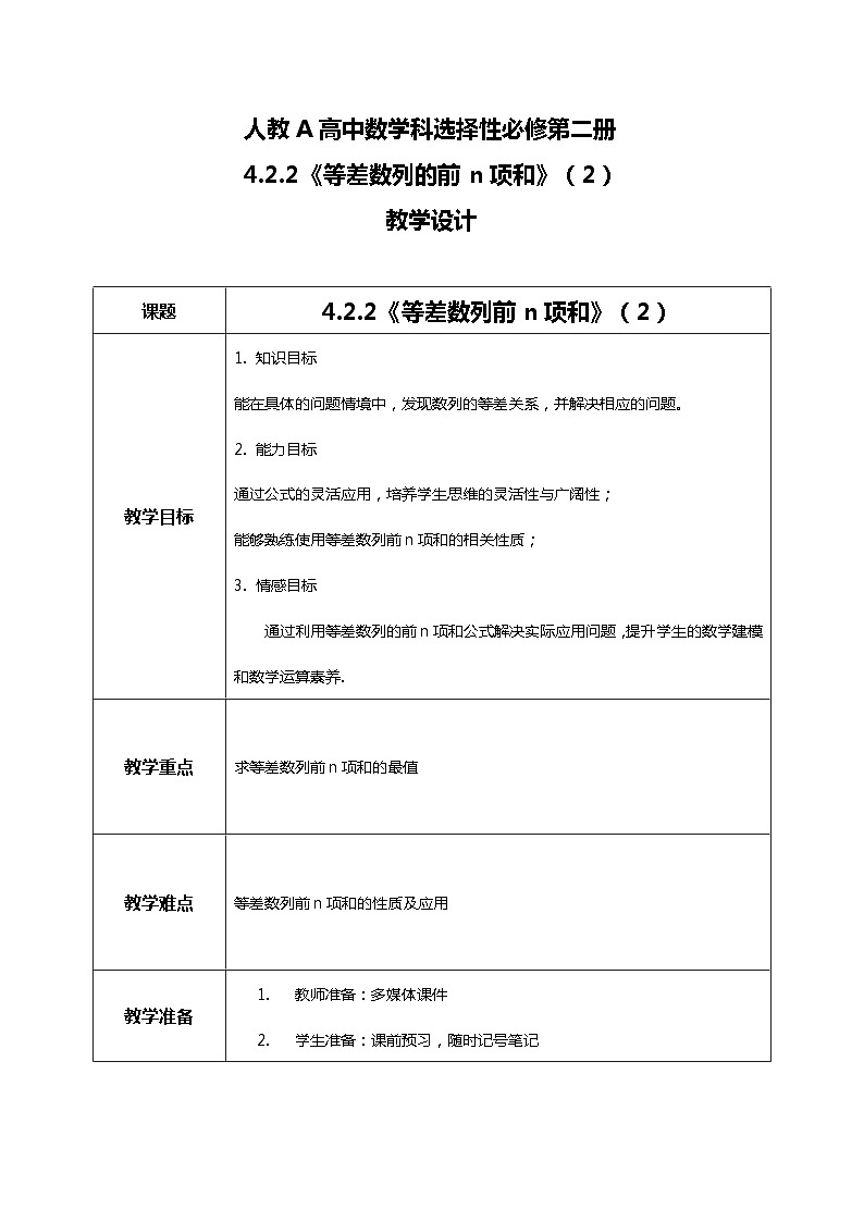 （新教材）4.2.2等差数列前n项和（第二课时）课件+教案+同步练习01