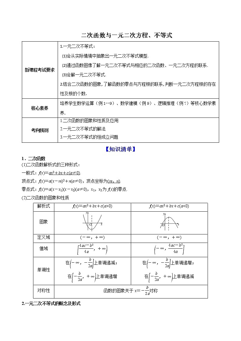 高端精品高中数学一轮专题-二次函数与一元二次方程、不等式（讲）教案01
