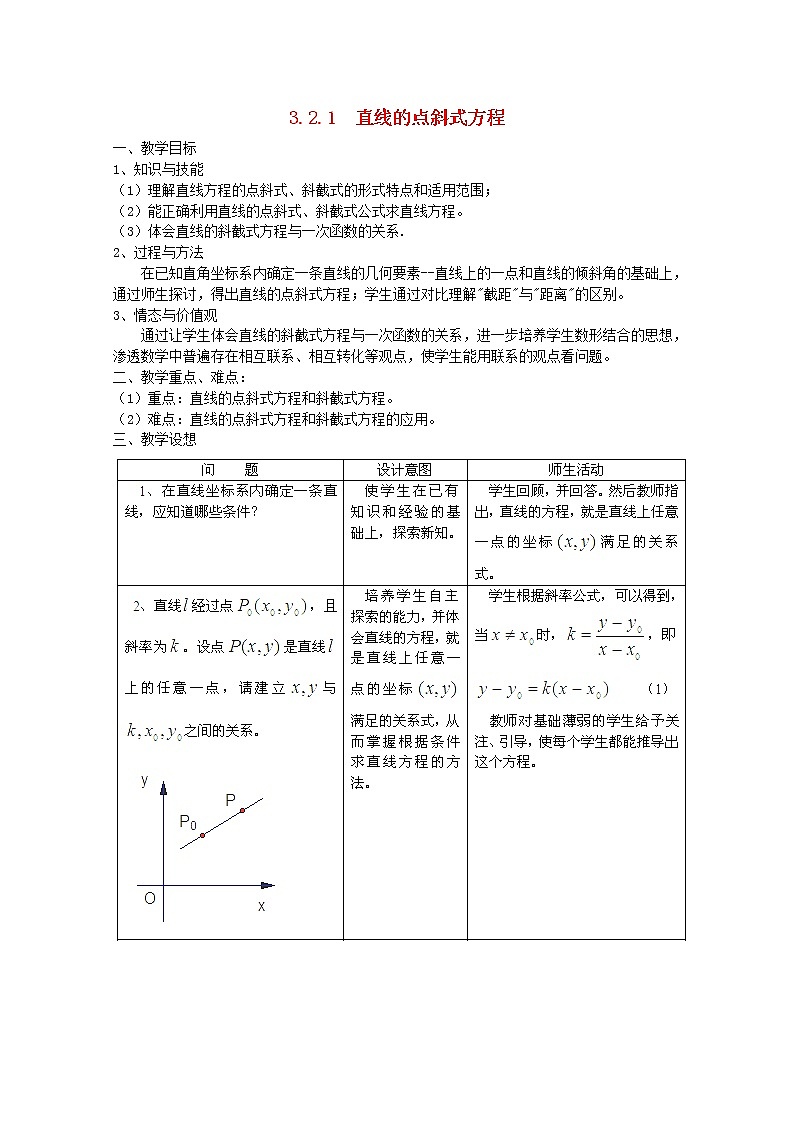内蒙古赤峰二中高中数学新人教B版必修2：3.2.1《直线的点斜式方程》教案第1页