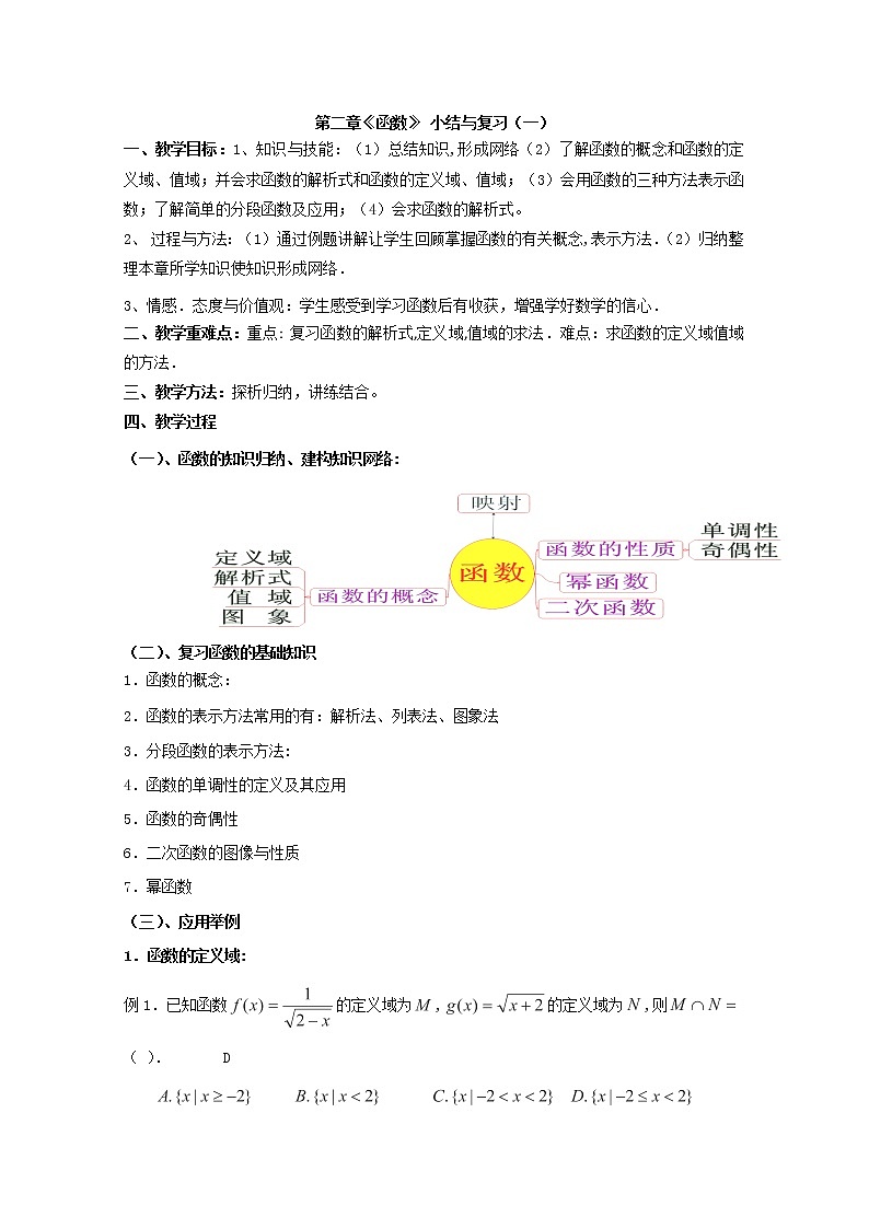 数学：第二章《函数》 小结与复习（一） 教案 （北师大必修1）学案第1页