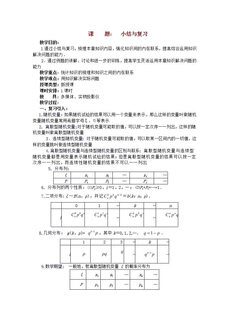 高二数学教案 第一章 概率与统计(第14课)小结与复习 湘教版选修201