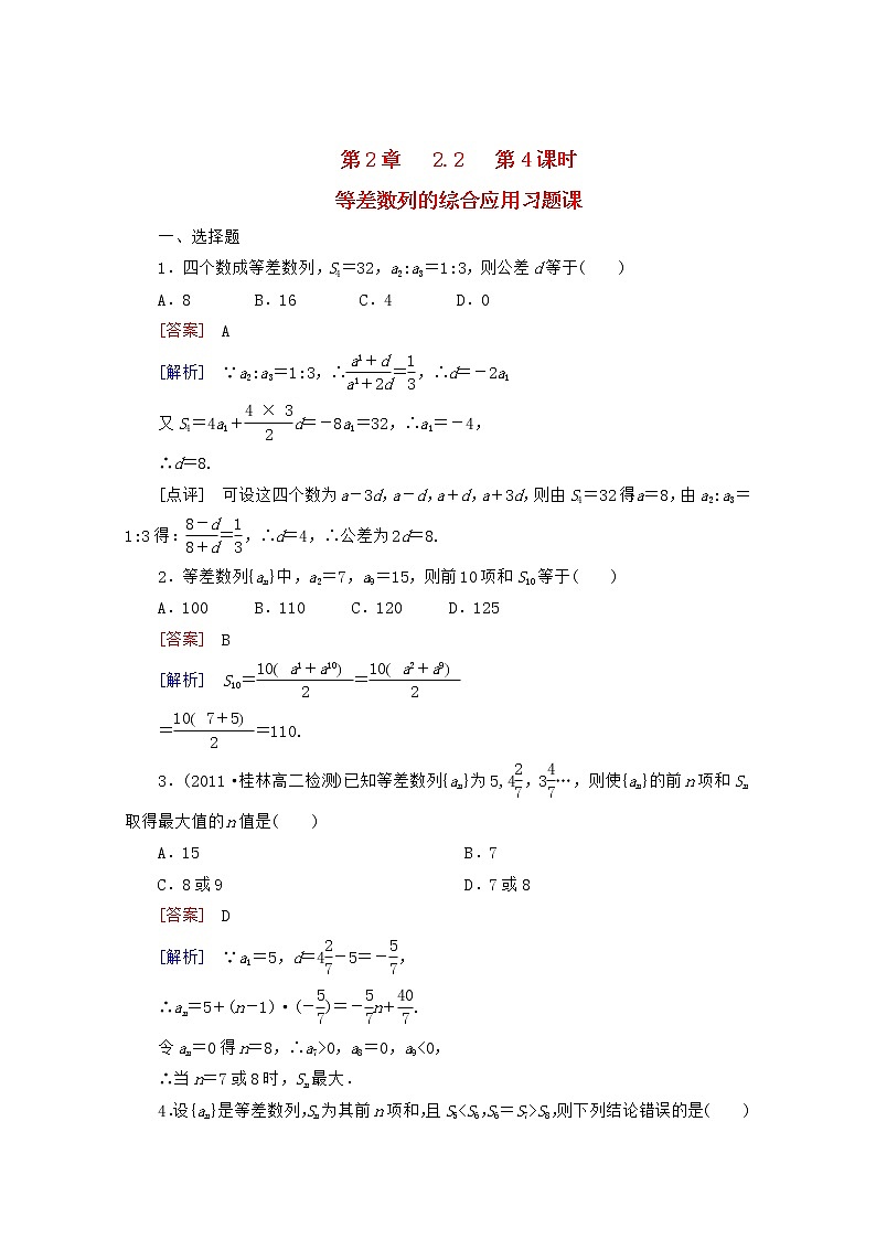 高二数学同步检测 2-2-4《等差数列的综合应用》习题课 新人教B版必修501