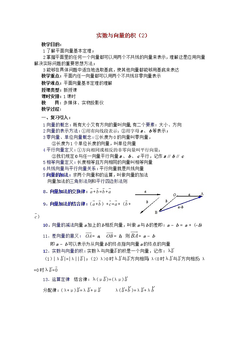 2012年高中重点中学数学教案 第5课时《实数与向量的积》（2） 湘教版必修201