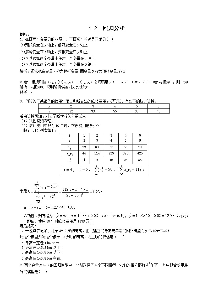 《回归分析》同步练习1 新人教B版选修1—201