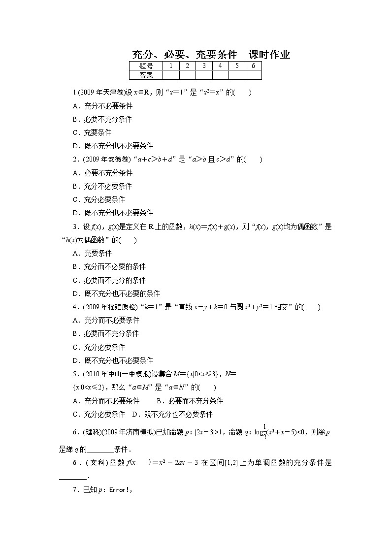 《推出与充分条件、必要条件》同步练习1（人教B版选修1-1）01