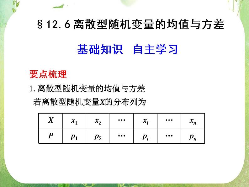 2012届高考数学一轮复习课件（理科）12.6  《离散型随机变量的均值与方差》新人教版选修2-3第1页