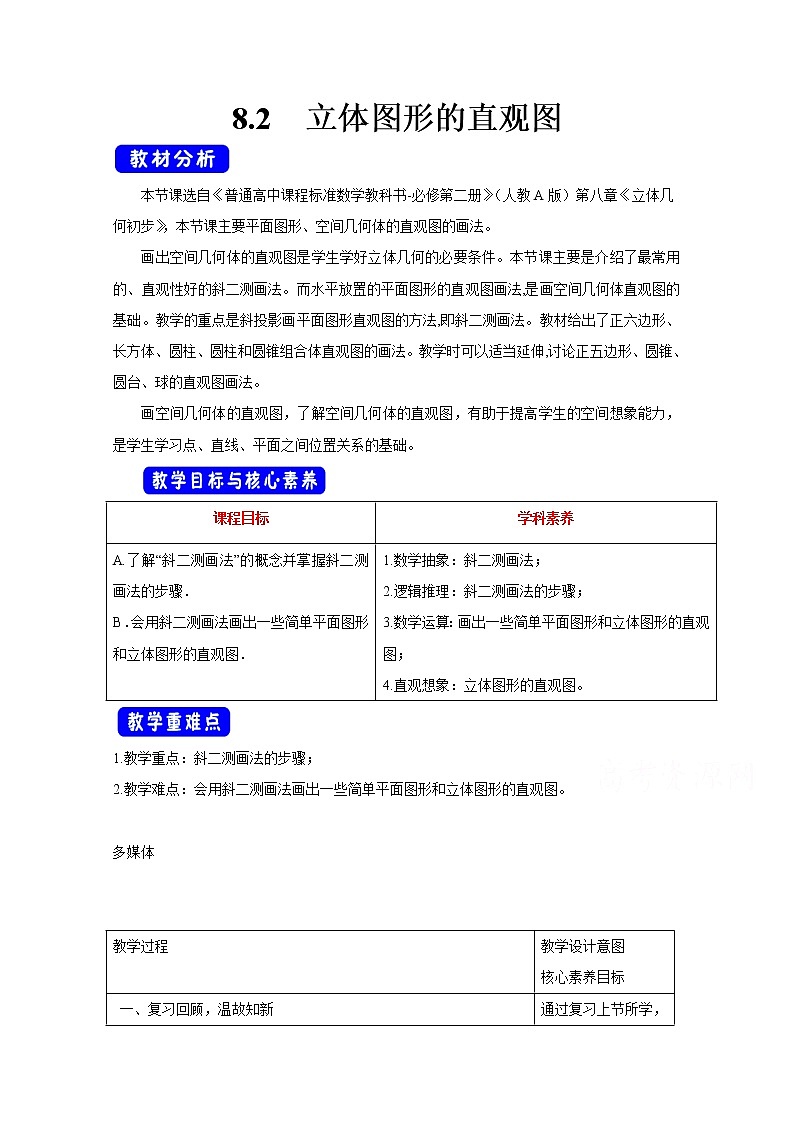 2021年高中数学新人教A版必修第二册 8.2立体图形的直观图 教案(1)01