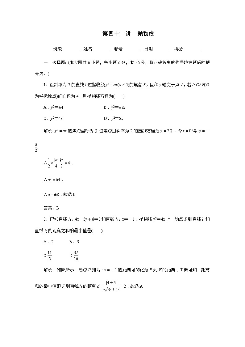 2012高考数学总复习同步：第四十二讲　抛物线（人教版） 试卷01
