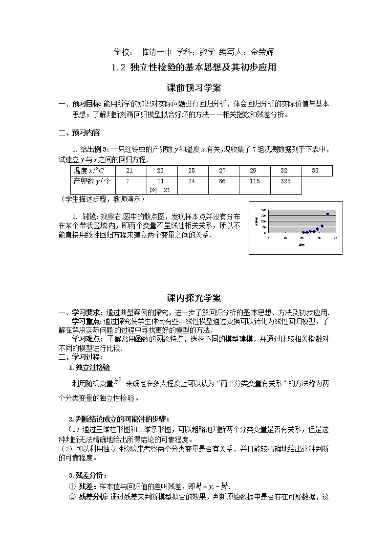 山东省临清市高中数学全套教学案数学选修1-2：1.2独立性检验的基本思想及其初步应用01