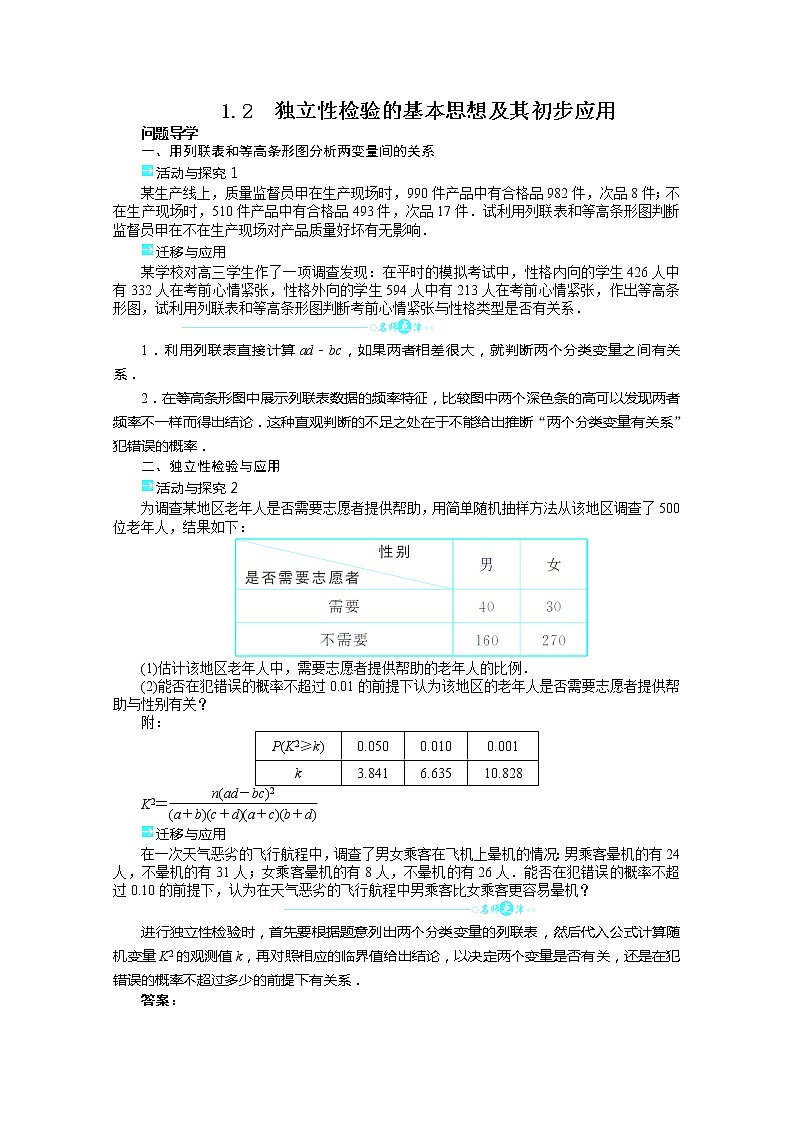 2013-2014学年高二数学（人教A版选修1-2）学案 1.2《独立性检验的基本思想及其初步应用》01