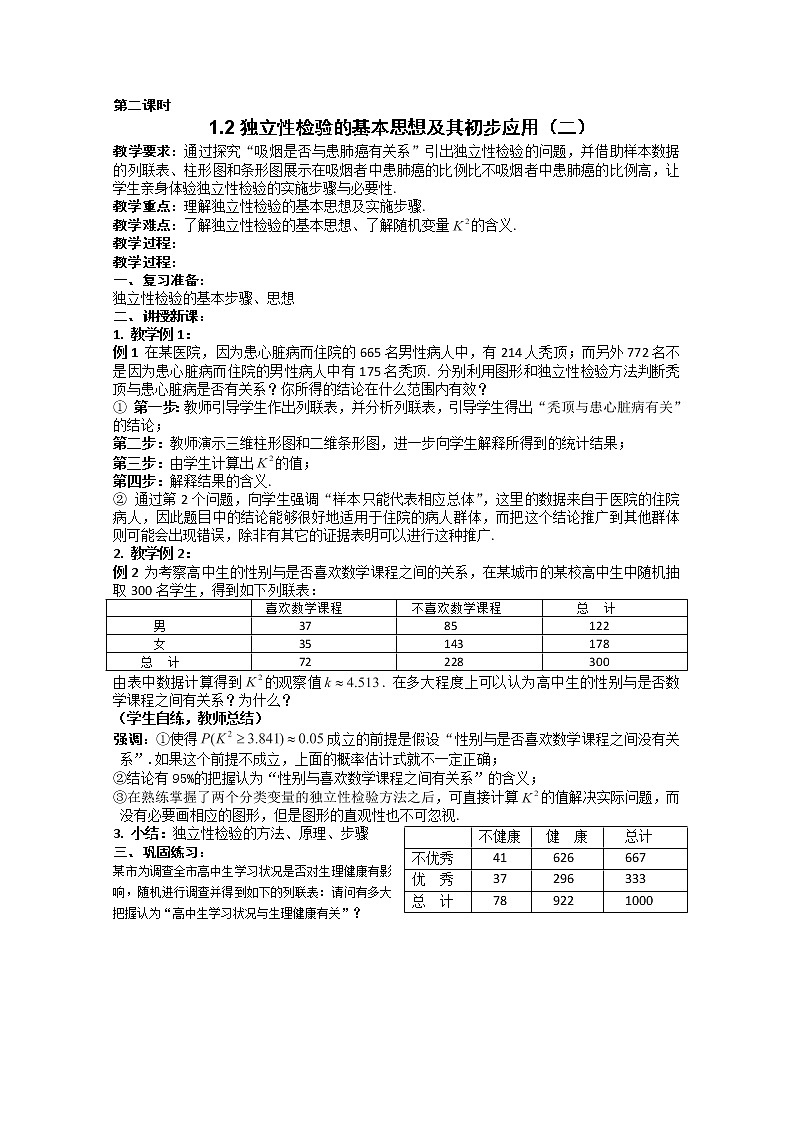 高二新课程数学《1.2 独立性检验的基本思想及其初步应用》教案（新人教A版）选修1-201