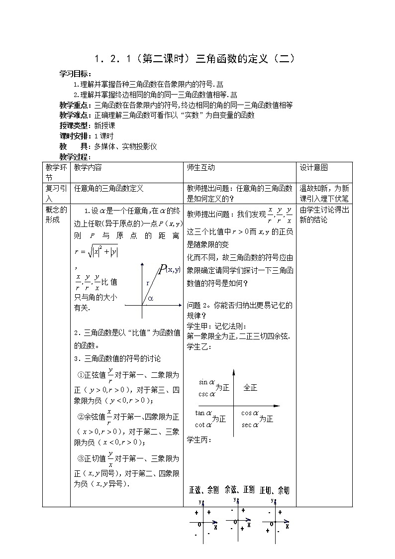 2012高二数学教案 1.2.1《三角函数的定义》（二）（新人教A版必修4）01
