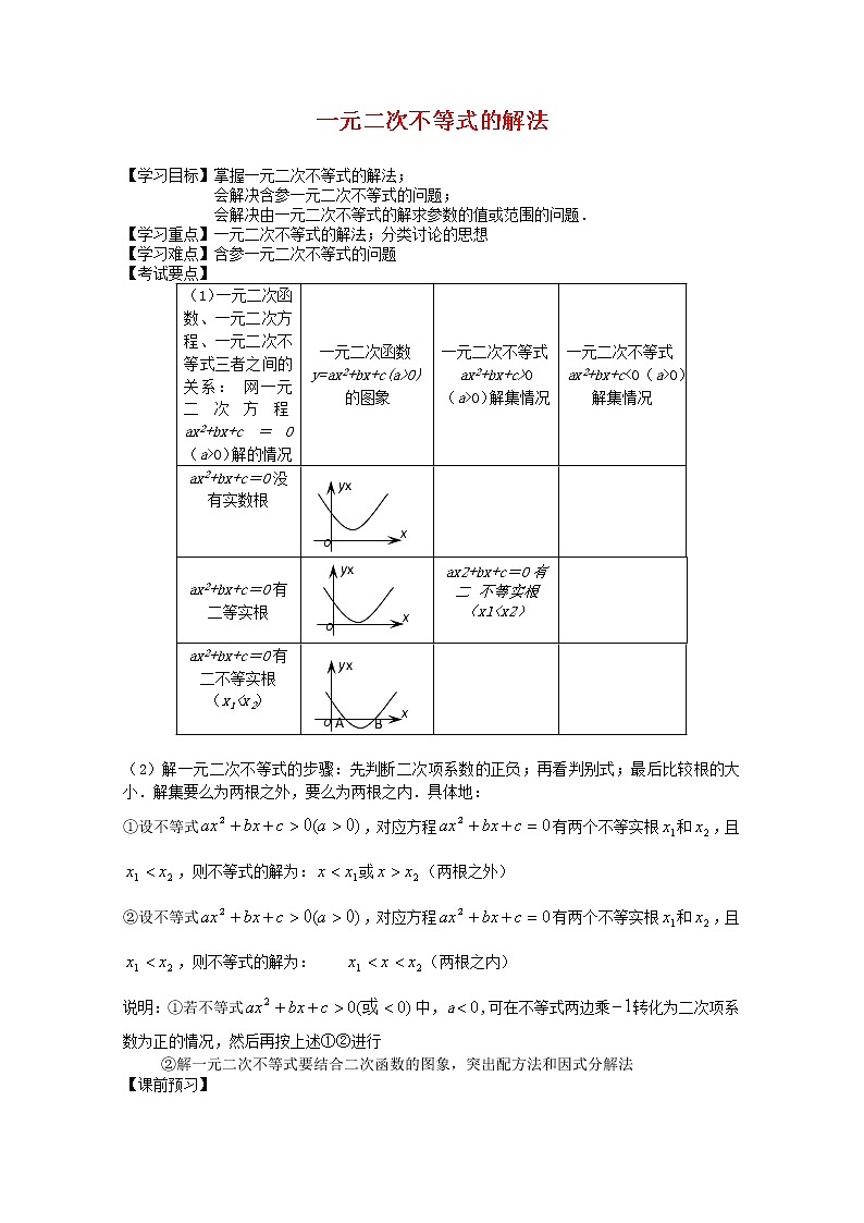 数学：3.2《一元二次不等式及其解法》学案（新人教A版必修五）第1页