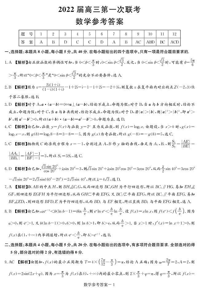 2022年T8联考（八省八校）数学试卷+答案解析（word版）01