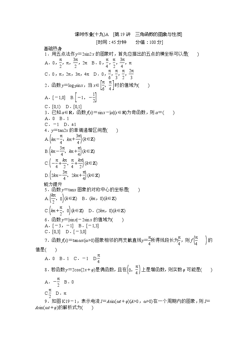 2013届新课标高考一轮复习训练手册（文科） 第十九课时A《三角函数的图象与性质》人教A版必修4课件PPT第1页