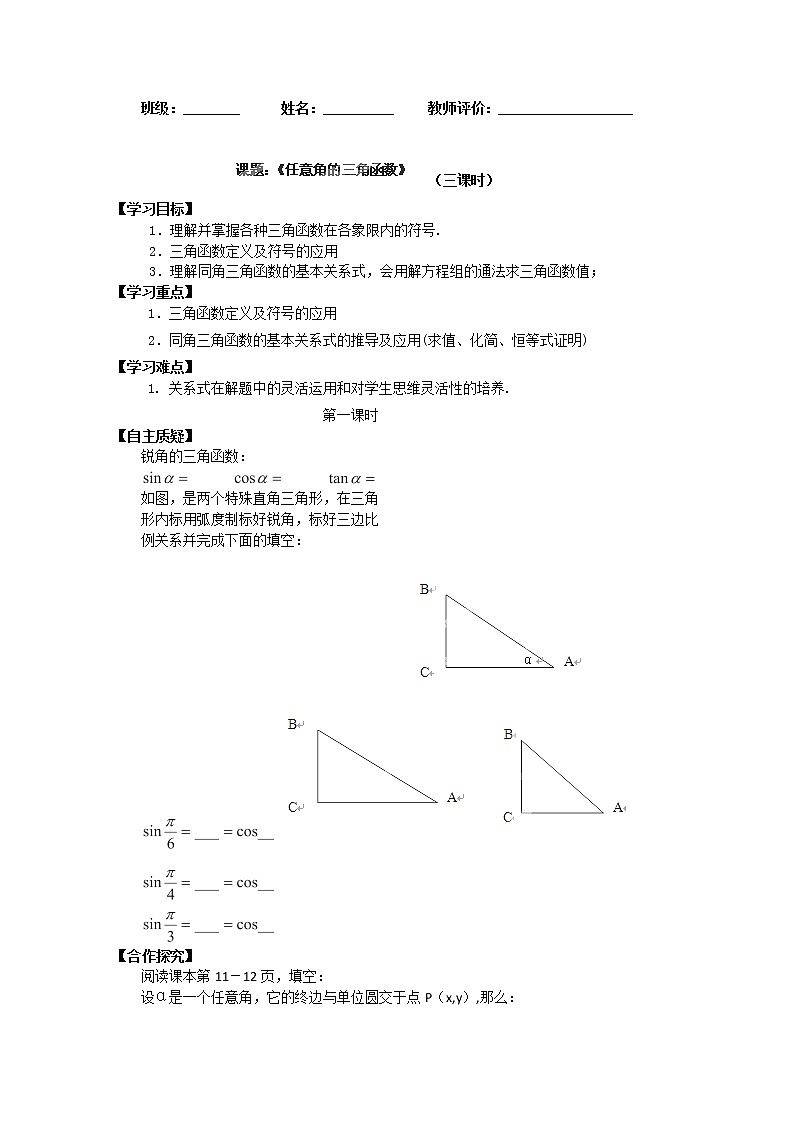 湖南省隆回县万和实验学校高一数学必修四《任意角的三角函数》学案第1页