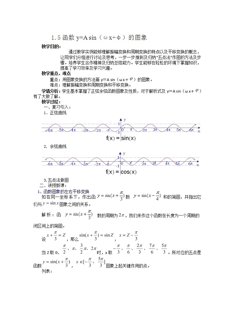浙江省衢州市仲尼中学高二数学：1.5《函数y=A sin(ωx+φ)的图象》教案（人教A版）01