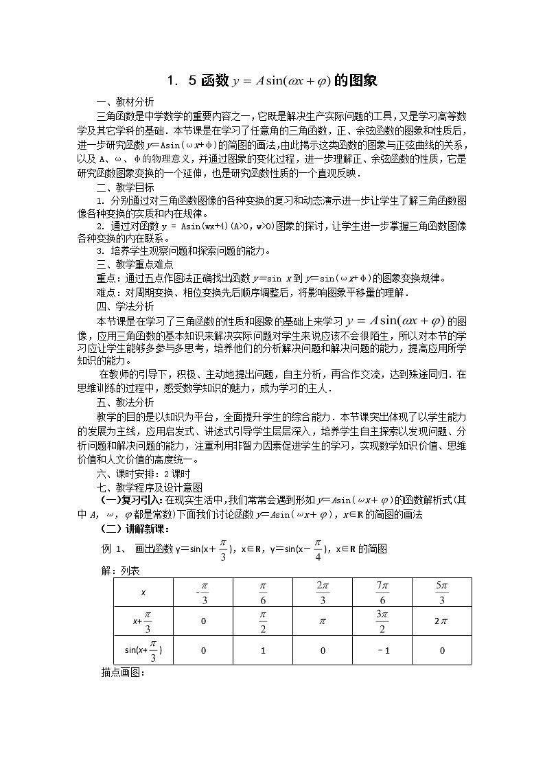 数学必修4人教A全册教案1.5《函数的图象》第1页