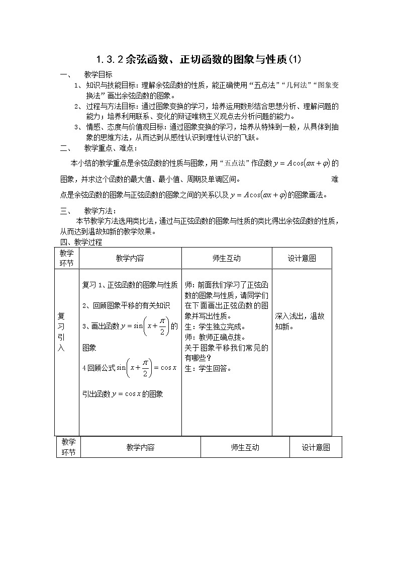 2012高二数学教案 1.3.2《余弦函数、正切函数的图像与性质》（1）（新人教A版必修4）第1页