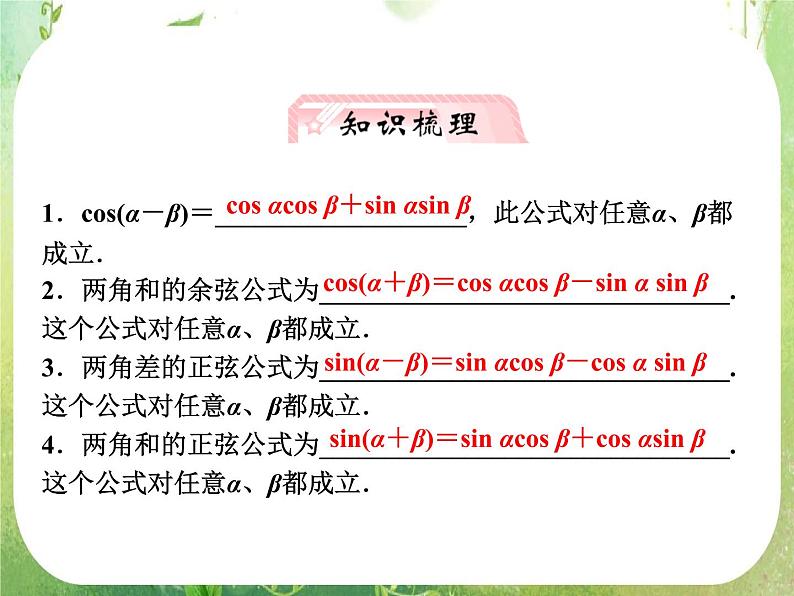 2013新课标高考数学理一轮复习课件：4.5 《两角和与差的正弦、余弦和正切公式》新人教版必修402