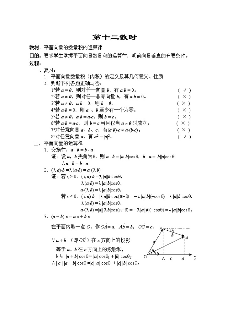 高一数学第五章教案---平面向量的数量积的运算律01