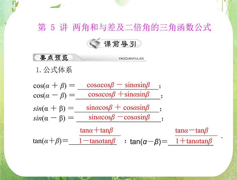 2012年高考理科数学复习向导课件  第六章第 5 讲 两角和与差及二倍角的三角函数公式第1页