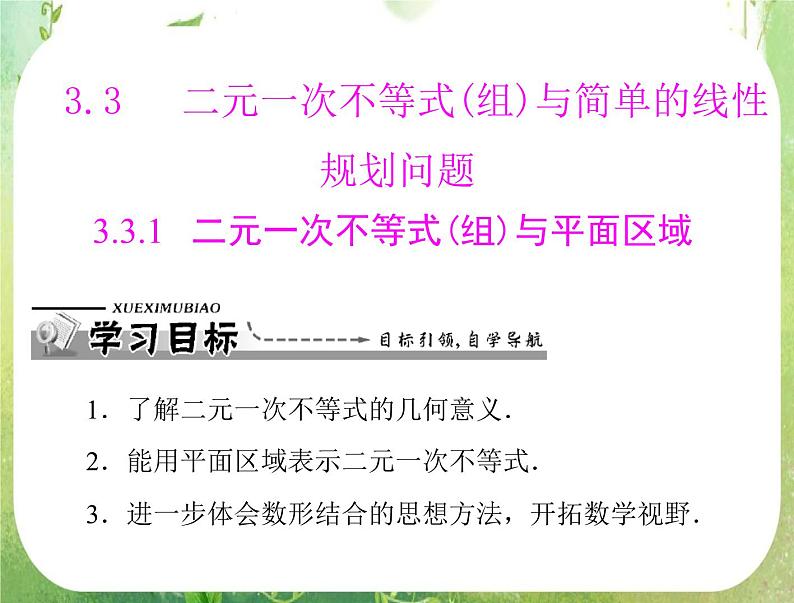 2012高二数学典例精析课件第三章 3.3 3.3.1 《二元一次不等式(组)与平面区域》（人教A版必修五）01
