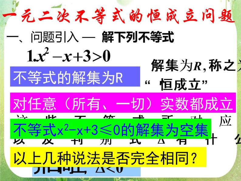 湖南省桃江四中高一数学人教A版必修5 3.2.5《一元二次不等式的恒成立问题》课件01