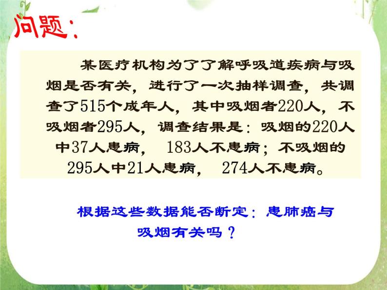 【数学】3-2《独立性检验的基本思想及其初步应用》课件（新人教A版选修2-3）02