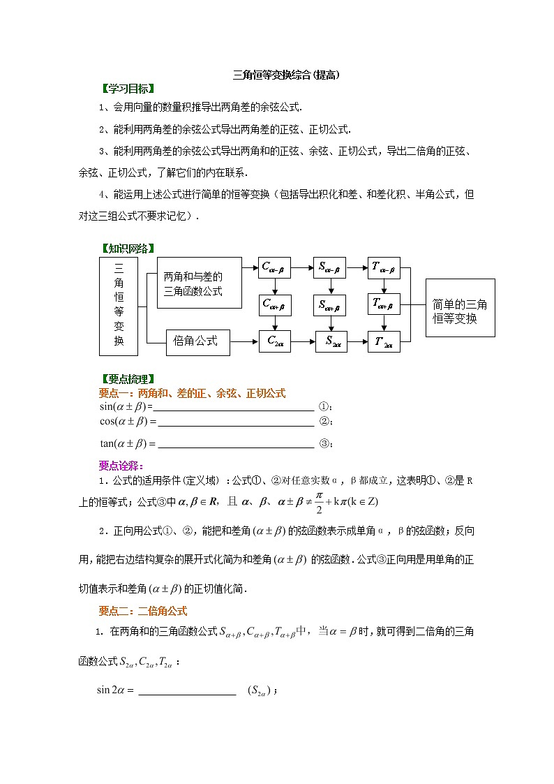 北京四中高一数学同步复习三角恒等变换《三角恒等变换》综合(提高)（人教A版，必修4） 试卷01
