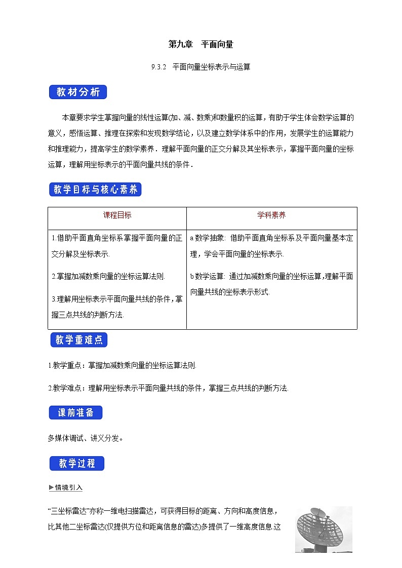 【新教材】9.3.2 平面向量坐标表示与运算 教学设计-苏教版高中数学必修第二册课件PPT01