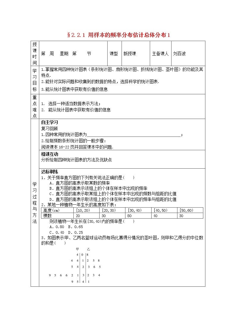福建省平潭县高中数学 2.2.1 用样本的频率分布估计总体分布1导学案 新人教A版必修301