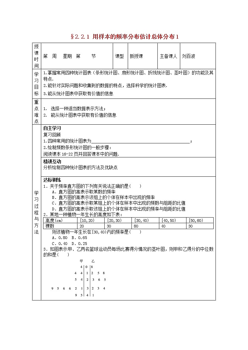 福建省平潭县高中数学 2.2.1 用样本的频率分布估计总体分布1导学案 新人教A版必修301