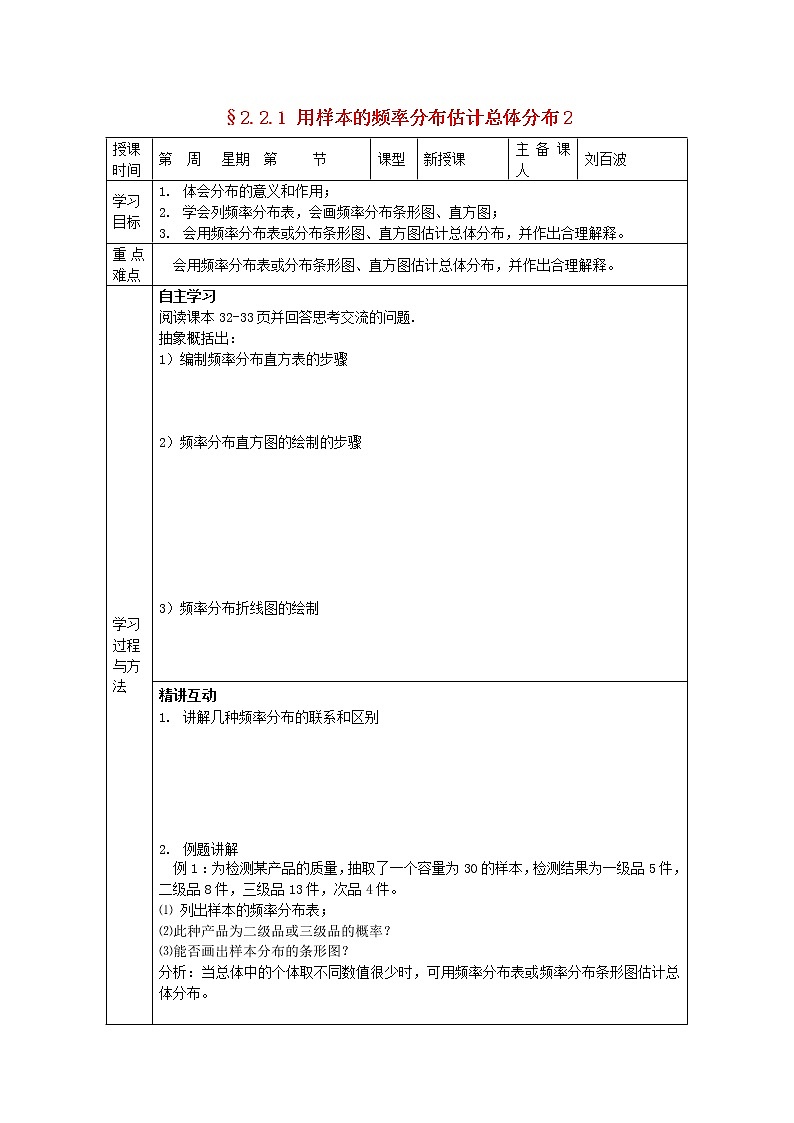 福建省平潭县高中数学 2.2.1 用样本的频率分布估计总体分布2导学案 新人教A版必修301