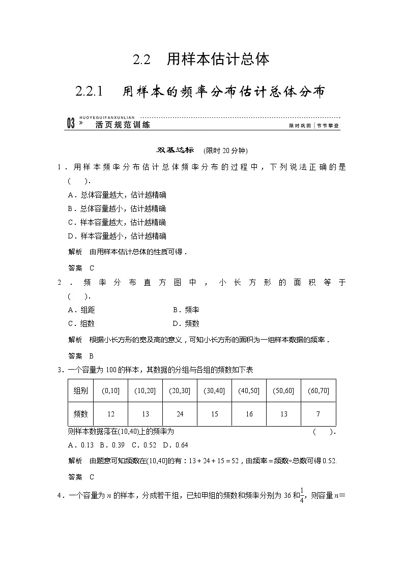 山东省高中数学（新课标人教A版）必修三《2.2.1用样本的频率分布估计总体分布》训练评估01