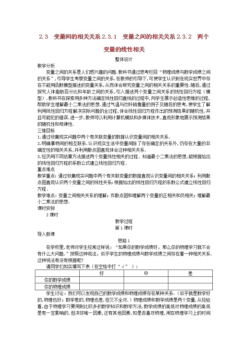 高中数学 2.3.2两个变量的线性相关教案1 新人教A版必修301