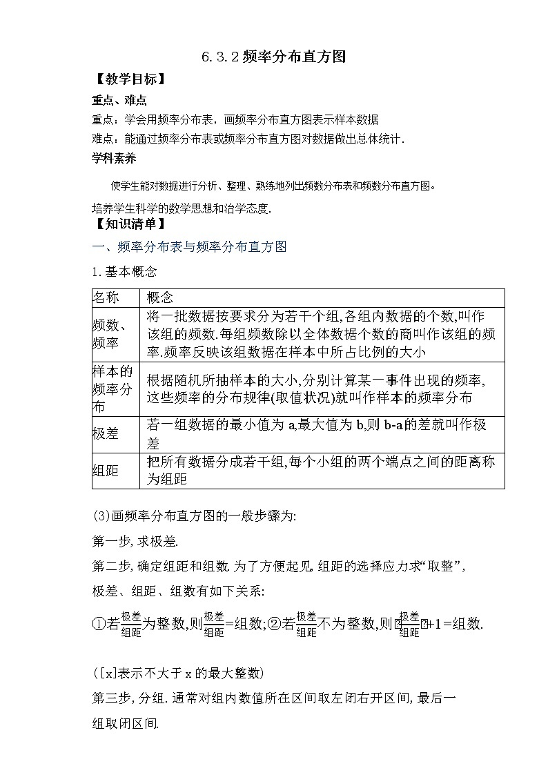 6.3.2频率分布直方图-2020-2021学年高一数学新教材配套学案（北师大2019版必修第一册）01